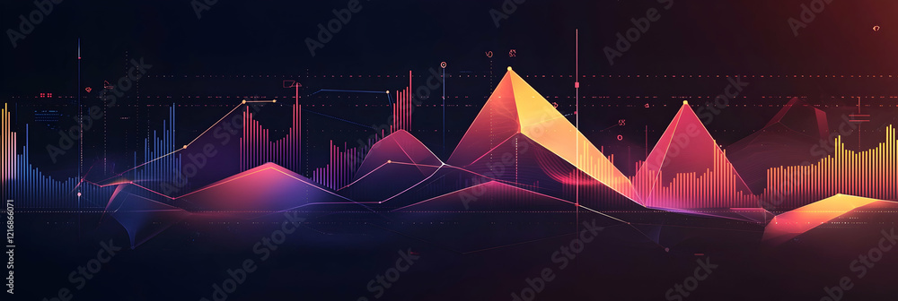 Poster geometric abstract growth graph with overlapping shapes and gradients on a dark gradient
