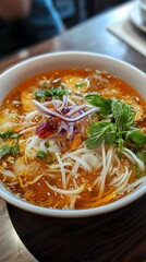 Authentic Vietnamese spicy noodle soup pho served in white ceramic bowl with fresh bean sprouts, aromatic herbs, red onions and chili in rich orange-colored broth.