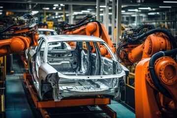 Fototapeta premium Robotic arms assembling car body on production line in a modern automated car factory