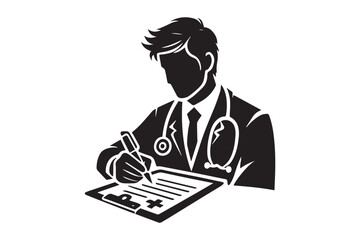 simple and subtle vector silhouette of a doctor writing prescription in black and white, set against a white background. 