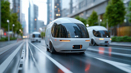 Fototapeta premium Smart city street with futuristic electric autonomous delivery vehicles amidst lush greenery and ambient lighting