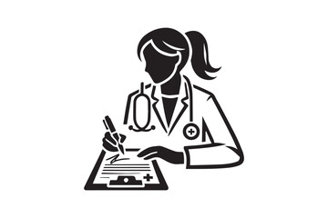 simple and subtle vector silhouette of a doctor writing prescription in black and white, set against a white background. 