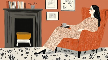 Woman Relaxing in Armchair by Fireplace with a Drink