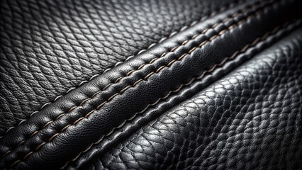 Black Leather Texture Close-up: Detailed Seam and Stitching