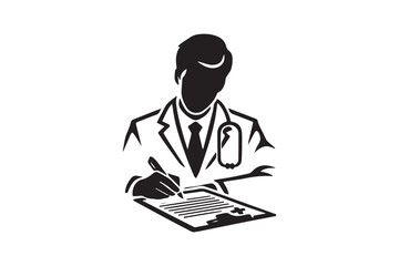 simple and subtle vector silhouette of a doctor writing prescription in black and white, set against a white background. 