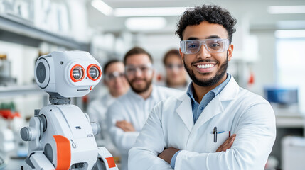 Engineers engage in dynamic discussion of advanced robotic prototype in state-of-the-art laboratory environment