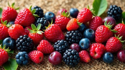 Obraz premium A vibrant collection of fresh strawberries, raspberries, blackberries, and blueberries, artfully arranged on a rustic woven surface, showcasing a delightful array of summer berries