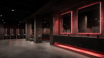 Fototapeta premium Industrial-chic restroom, red neon lighting, concrete, urban background; interior design