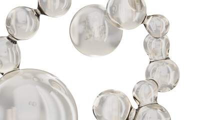 Transparent spheres cluster floating, black background, cosmetic serum, advertising