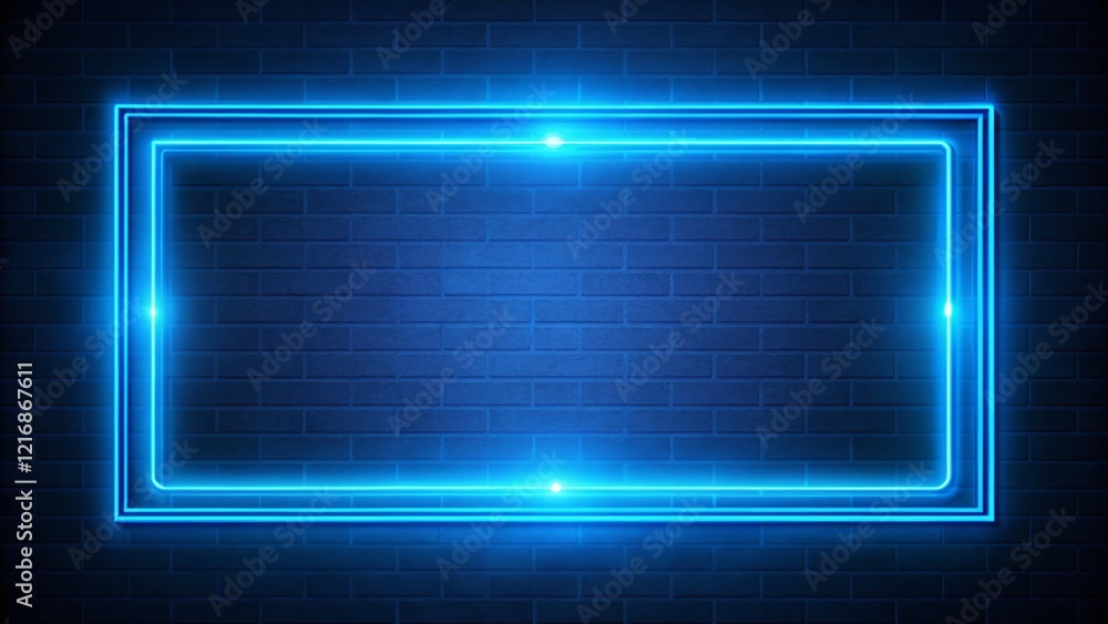 Poster blue neon glowing border frame background with copy space - left alignment
