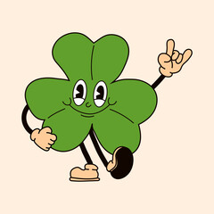 A retro cartoon style green clover designed as a St. Patrick's Day mascot.