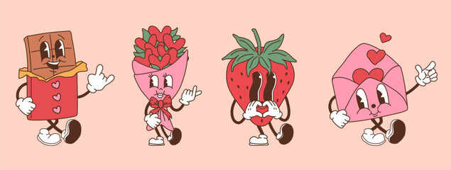 A set of retro cartoon characters designed as Valentine's Day mascots