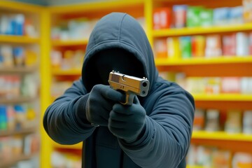 Person in a hood and gloves holding a handgun, aiming forward in a colorful indoor environment, evoking tension.