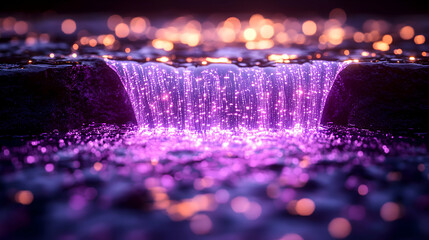 Abstract Purple Waterfall with Glowing Particles and Bokeh Lights