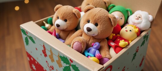 Obraz premium A festive cardboard box overflowing with stuffed animals and playthings for a Christmas toy donation