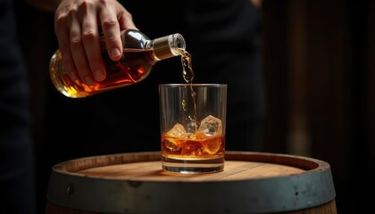 Whiskey Pour: Amber Liquid, Icy Cubes, Rustic Barrel