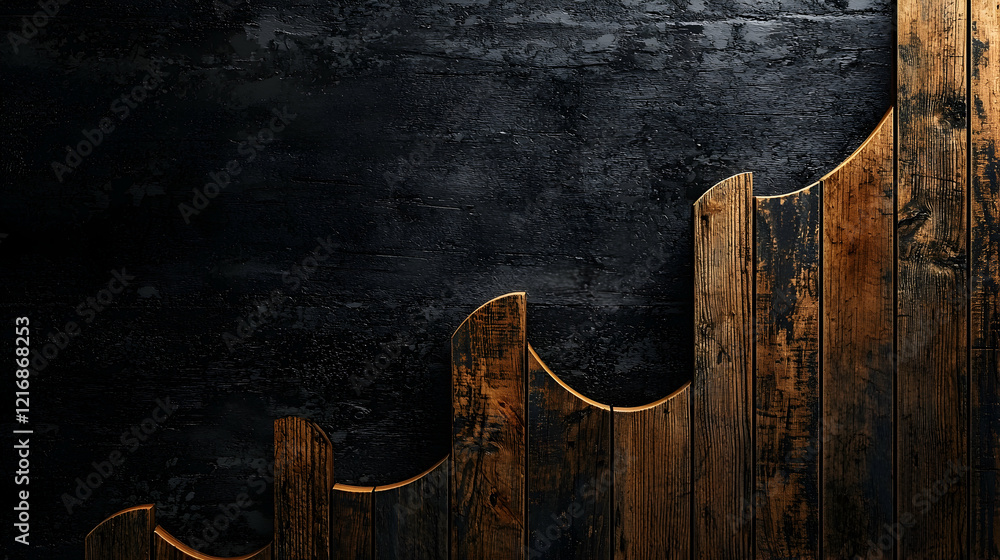 Poster rustic wooden graph with upward curves and smooth edges on a dark background