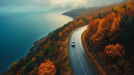 Aerial drone above top view of a car driving on an autumn mountain road near the sea, autumn forest landscape, nature scenery in a fall countryside. Vacation concept, travel by car. Generative AI.