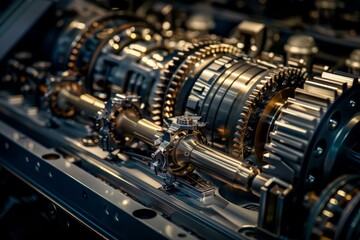 Fototapeta premium Metallic gears and shafts of modern automatic car gearbox being assembled at transmission plant