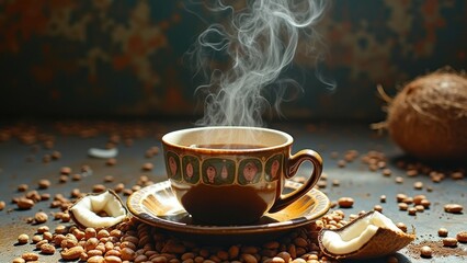 Steaming coffee in vintage cup with coconut and coffee beans