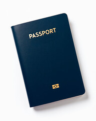 Top view of passport in blue cover with passport lettering text, on white background, symbol of travel for business or exploring distant lands