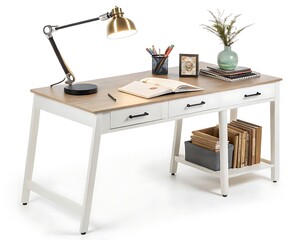 Office workspace with desk and lamp isolated on a neutral background, ideal for productivity-focused designs.