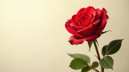 Fototapeta premium A Single Crimson Rose with Delicate Green Foliage Against a Soft, Neutral Background