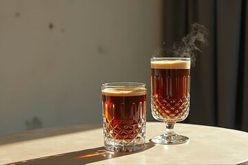 Steaming black coffee in crystal glasses on sunlit table