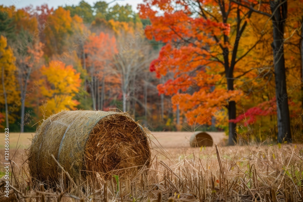 Aufkleber hay bale is resting in a field with vibrant fall colors on the trees in the background