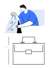 Person holding a discount shopping bag. Below, a minimalistic line-art briefcase. Ideal for retail, e-commerce, business deals, discounts, work-life balance, professional tools abstract line flat