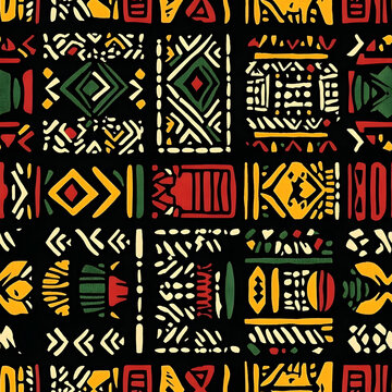 African ethnic tribal clash ornament seamless pattern background. Simple hand drawn symbols background in traditional African colors - black, red, yellow, green. Kwanzaa decorative print