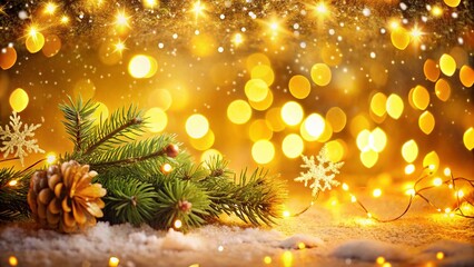 Bright Yellow Christmas Background with Subtle Snowflakes & Festive Lights - Long Exposure Holiday Stock Photo
