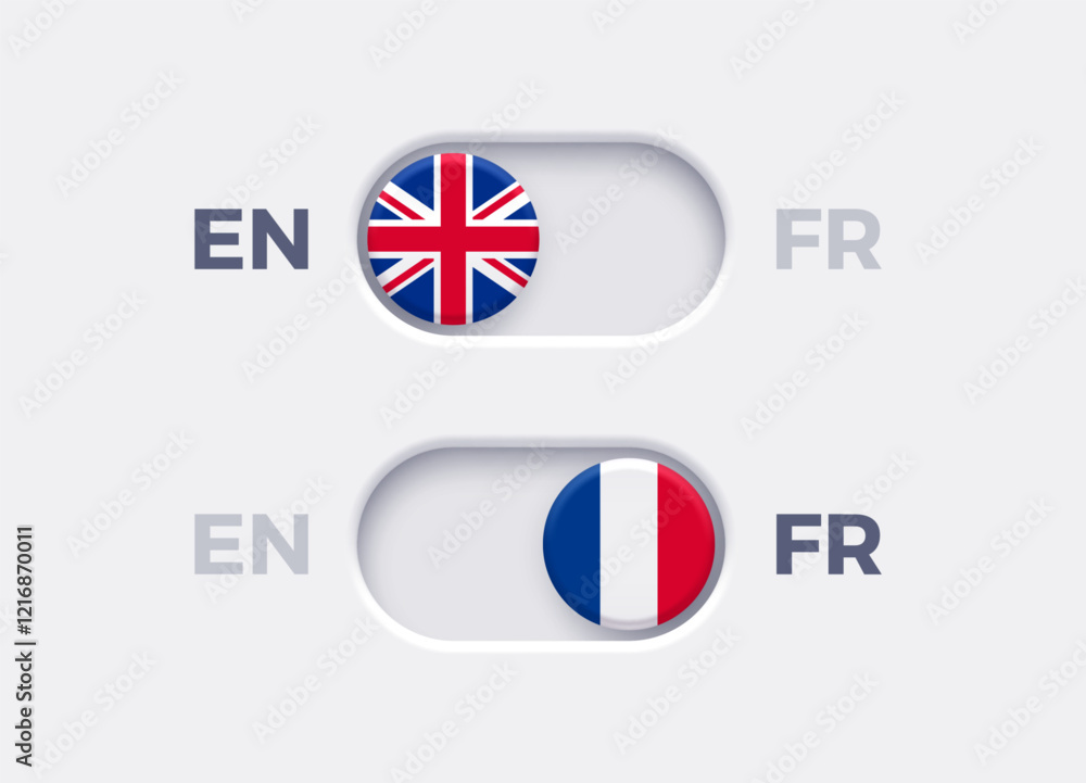Leinwandbilder english language mode and french language mode toggle switch buttons.toggle slider with united kingd