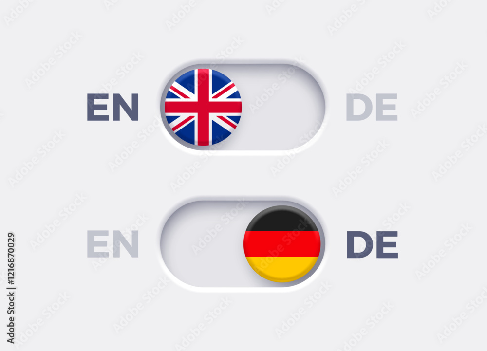 Fototapete English language mode and German language mode toggle switch buttons.Toggle slider with United Kingdome flag icon and German flag icon. Material design slider switch buttons set. Vector illustration.