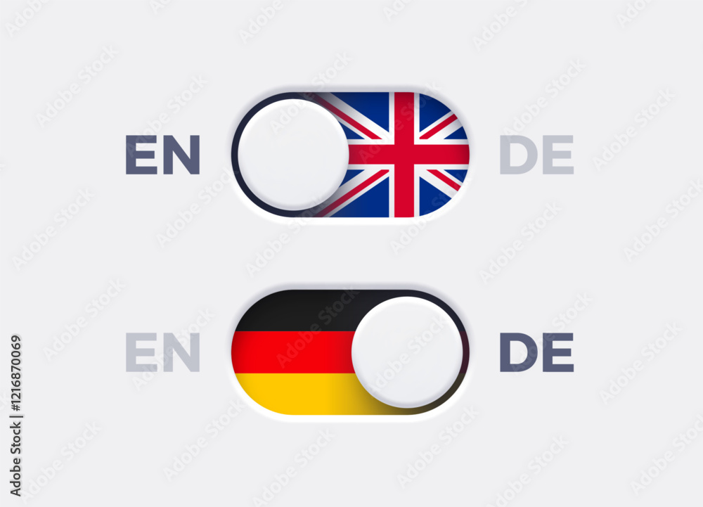 Poster english language mode and german language mode toggle switch buttons.toggle slider with united kingd