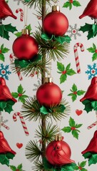 A festive Christmas-themed seamless pattern showcases holiday ornaments red cardinals on pine branches with holly leaves and berries