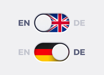 English language mode and German language mode toggle switch buttons.Toggle slider with United Kingdome flag icon and German flag icon. Material design slider switch buttons set. Vector illustration. © sergo77