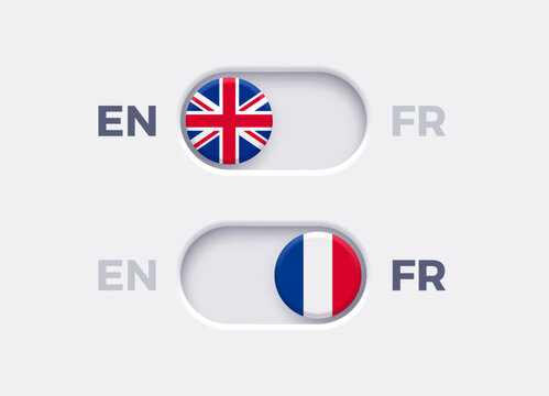 English language mode and French language mode toggle switch buttons.Toggle slider with United Kingdome flag icon and French flag icon. Material design slider switch buttons set. Vector illustration.