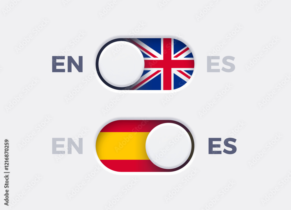 Fototapete English language mode and Spanish language mode toggle switch buttons.Toggle slider with United Kingdome flag icon and Spanish flag icon. Material design slider switch buttons set. Vector illustration