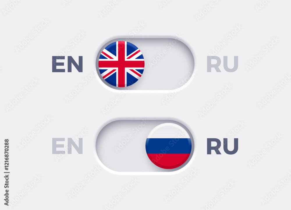 Leinwandbilder English language mode and Russian language mode toggle switch buttons.Toggle slider with United Kingdome flag icon and Russian flag icon. Material design slider switch buttons set. Vector illustration