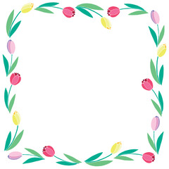 Vector square frame, wreath from red, pink, yellow tulips. Spring flowers. Bright background, border, decoration for greeting card, invitation, Valentines, Womens or Mother day.