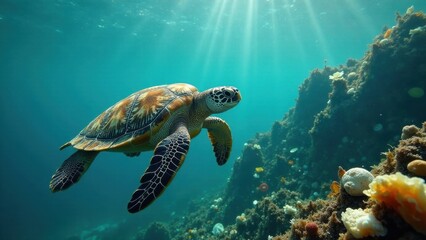 Fototapeta premium Serene Underwater Scene A Majestic Sea Turtle Gracefully Navigates Vibrant Coral Reef