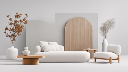 Abstract furniture pieces arranged in a stylish neutral setting with natural elements and minimalistic design