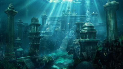 Underwater city of Atlantis, built with massive ancient stone structures, towering temples, and statues. The atmosphere is majestic, mysterious, and ancient. Space for text. Generative AI.