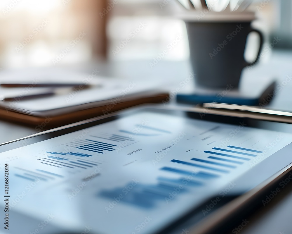 Poster a close-up view of a tablet displaying business analytics, surrounded by office tools and a coffee c