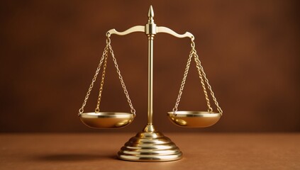 Golden Scale symbolizing Justice  Balance against Warm Brown Backdrop