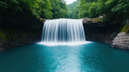 Fototapeta premium Free world, A serene waterfall cascades into a crystal-clear pool, captured in high fidelity, perfect for nature-themed projects or serene landscapes.