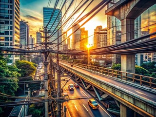 Candid Cityscape: Overpass Bridge with Urban Electric Wires
