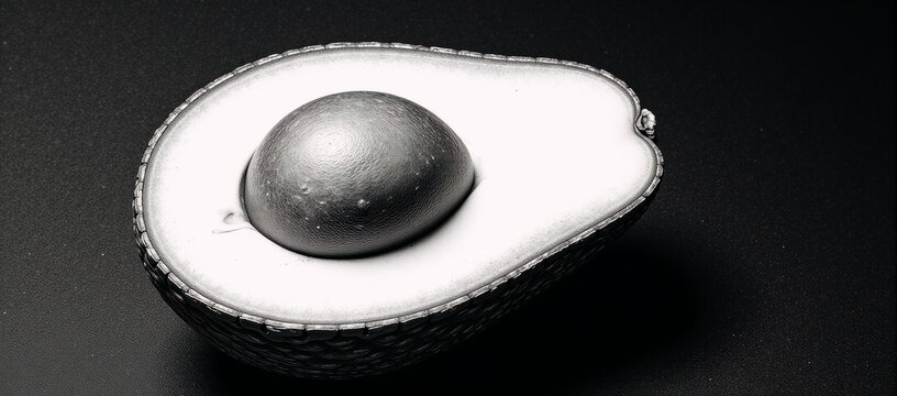 BW sketch illustration depicts an engraved halved avocado with its seed mimicking scratchboard art