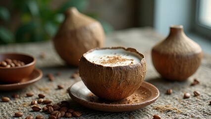 Coconut coffee delight with cocoa topping on rustic table setting
